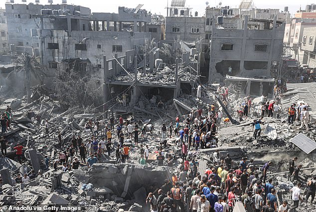 A view of the area in the town of Khan Yunis, Gaza, where some buildings collapsed or were heavily damaged during Israeli airstrikes on October 26, 2023