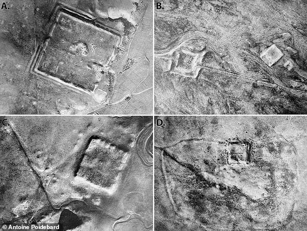 Pictured: 1934 aerial photographs of selected Roman forts in the region, examined by French archaeologist Antoine Poidebard