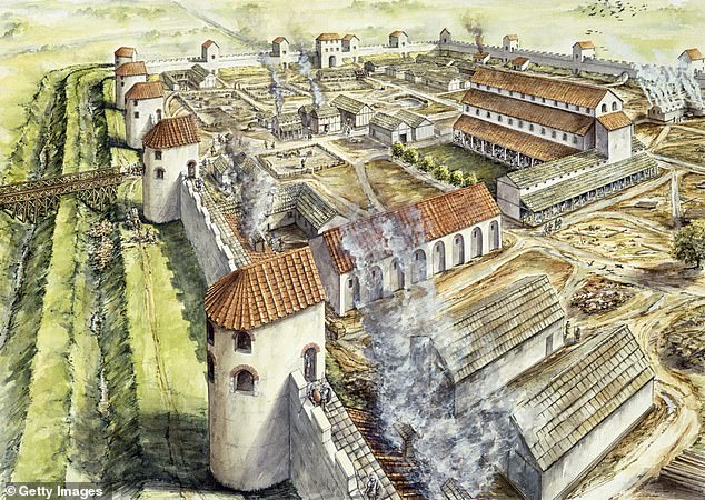 The study's authors were able to identify 396 Roman forts - buildings that served as bases for Roman troops during the days of the empire almost 2,000 years ago.  Pictured here is the Roman fort at Portchester, England in 345 AD