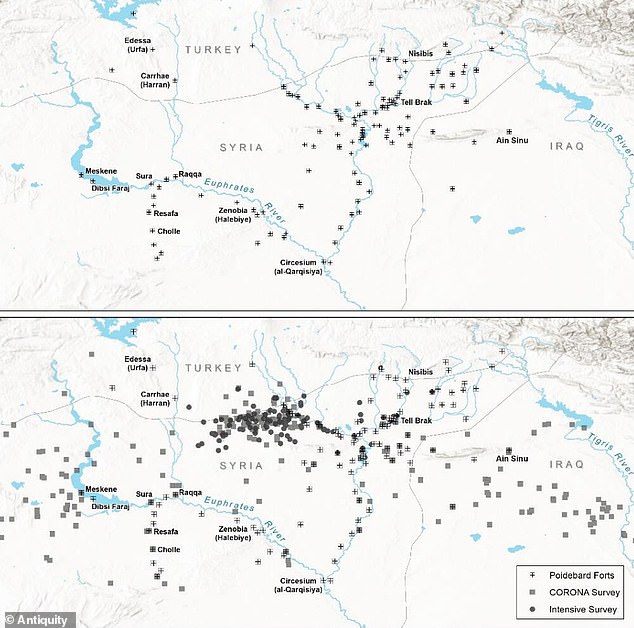 Distribution maps of forts documented by (top) French archaeologist Antoine Poidebard almost a century ago, compared to the (bottom) distribution of forts newly found on satellite images
