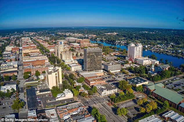 Augusta, Georgia, has seen rents drop 15.2 percent, bringing the average monthly payment to $840.  Pictured: An aerial view of downtown Augusta