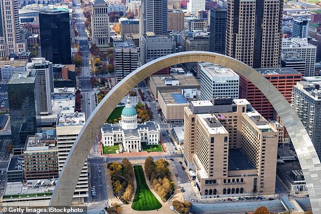 St. Louis saw rents drop 13 percent to $870 per month.  Pictured: The gateway to the West Arch in downtown St. Louis