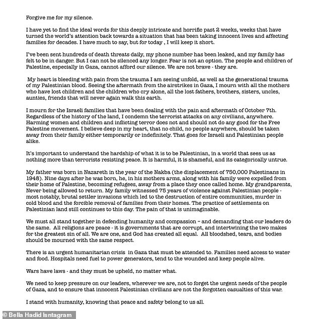 The model took to Instagram on Thursday with a detailed statement calling for pressure on political leaders to 'stand together in defending humanity and compassion'