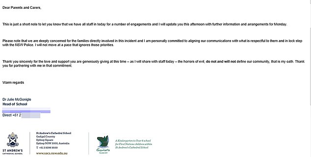 The principal emailed parents Friday morning promising to support the families involved in the tragedy