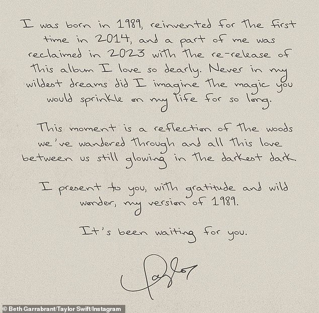 'It's been waiting for you': To commemorate the big re-release, Taylor shared a series of promotional photos of herself on the beach, along with a handwritten note addressed to her faithful Swifties