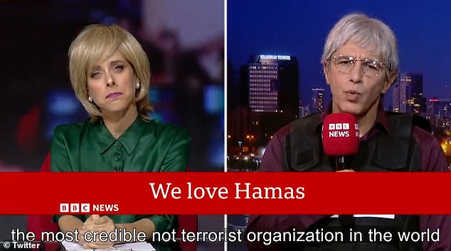 A new banner on the satirical show's screen read 'We love Hamas' with the BBC News logo next to it