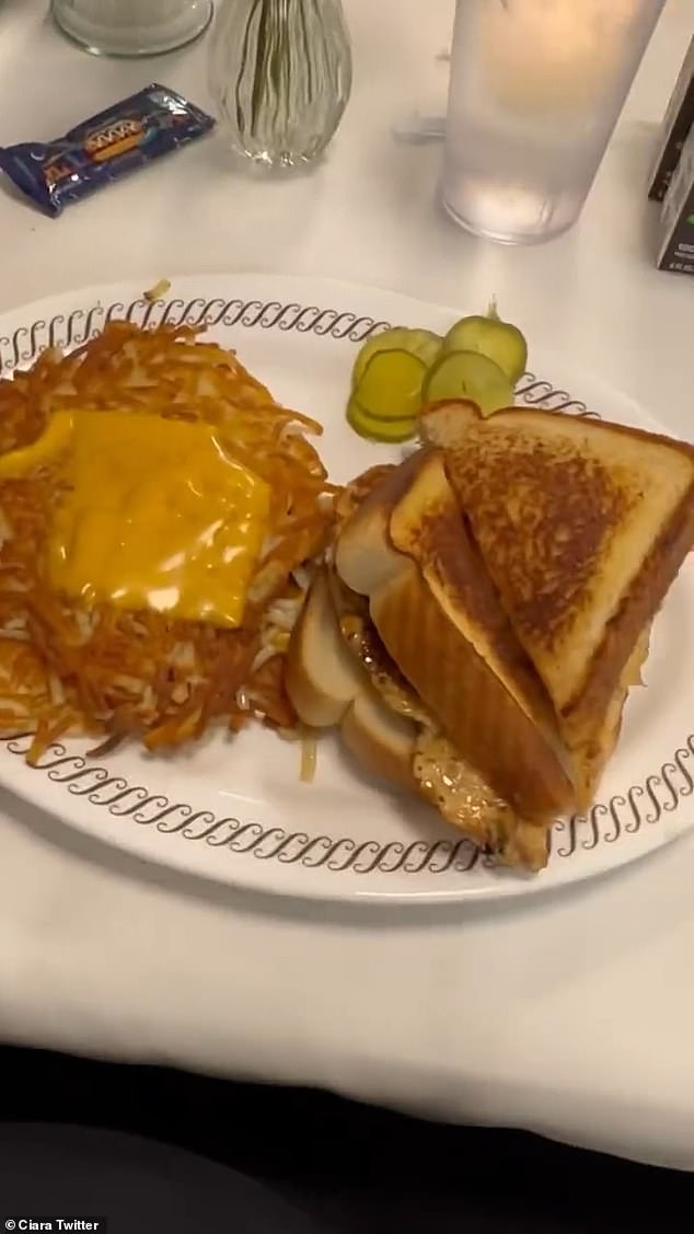 Yum: The star shared the menu before showing off what she decided to eat: grilled cheese and egg sandwiches with a side of hash browns and sliced ​​pickles