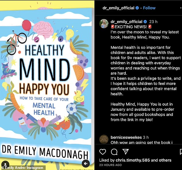 Exciting: Posting a photo of the colorful book cover, the NHS doctor wrote: 'EXCITING NEWS!  I'm over the moon to unveil my latest book, Healthy Mind, Happy You'