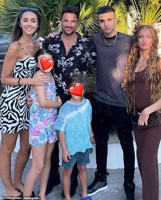 Family: Peter already shares Amelia, nine, and Theo, six, with his wife, as well as daughter Princess, 16, and son Junior, 18, from his marriage to Katie Price, 45 (pictured as family)