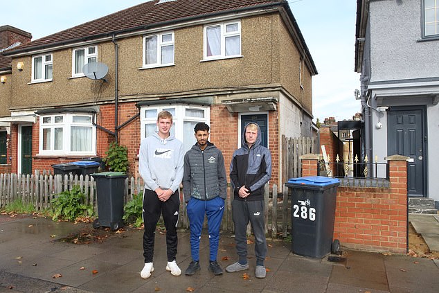 People visiting the haunted house: from left to right Mitchell Light, Mohamed Yousif and Alfie Harburn