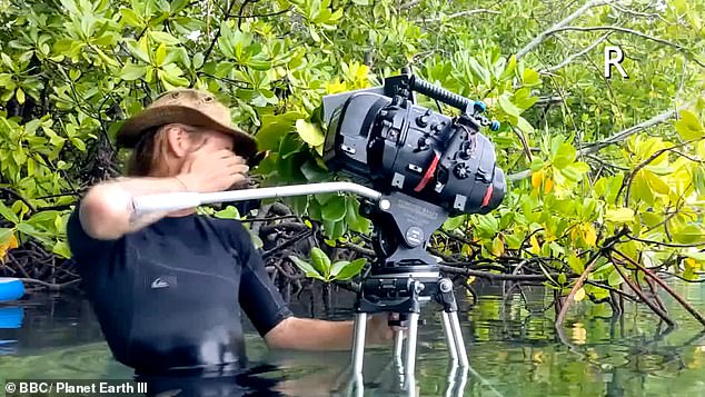 In less than a second, the water quickly shoots up and hits him, causing the cameraman to rub his eye and laugh, saying it 