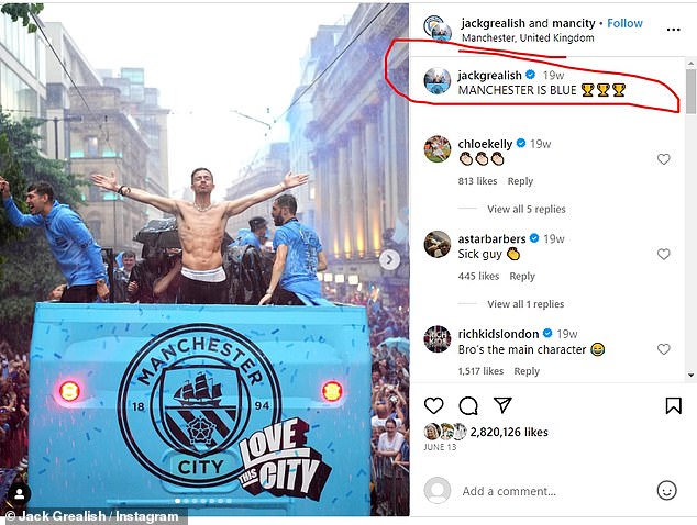 'Manchester is blue': Jack celebrated his team's victory earlier this year, but was spotted wearing his rival's colors on a date night