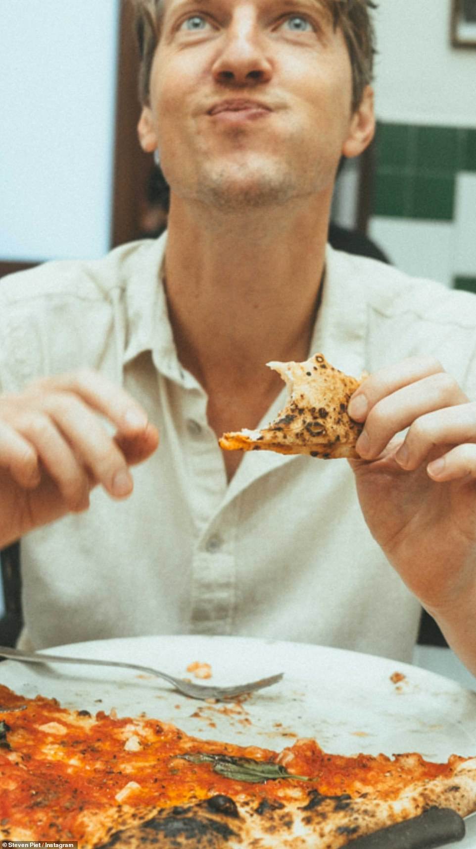 He also loved the pizza: Steven was seen digging into a local pie