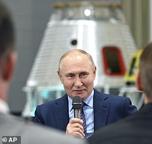 Putin said Moscow's current plans to continue its participation in the now 25-year-old International Space Station until 2028 were only a temporary measure.  Above, Putin at a space meeting on Thursday