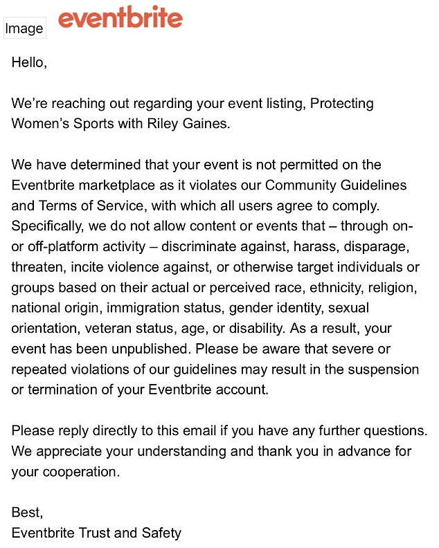 Gaines posted Eventbrite's message on social media