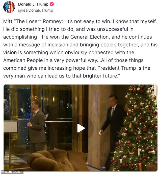 Trump also repeatedly pointed out how Romney auditioned to become his secretary of state just weeks after the 2016 election, even posting a video and quoting what Romney said after their dinner meeting in New York.