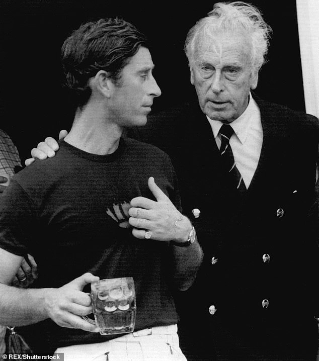 Prince Charles with Lord Louis Mountbatten during a polo match with a pint of beer in hand