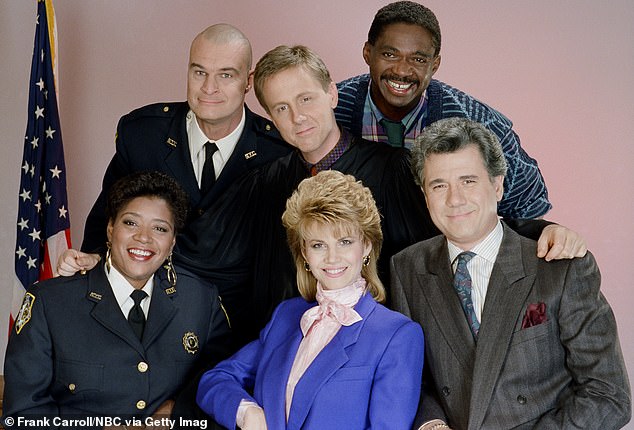 Throwback: Moll is pictured in front of Night Court with (from top left to right) Harry Anderson, Charles Robinson, (from bottom left to right) Marsha Warfield, Markie Post and John Larroquette