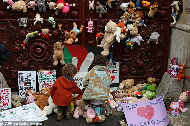 Several teddy bears and stuffed animals were left behind to represent the children killed and kidnapped by Hamas