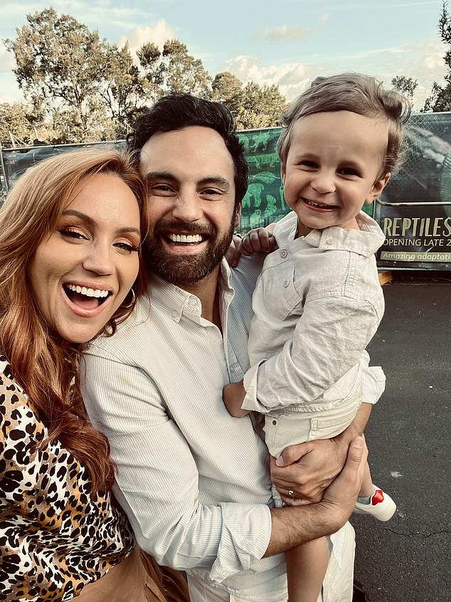 The 41-year-old said she wanted to raise awareness about premenstrual dysphoric disorder (PMDD).  Pictured with husband Cam Merchant and son Oliver