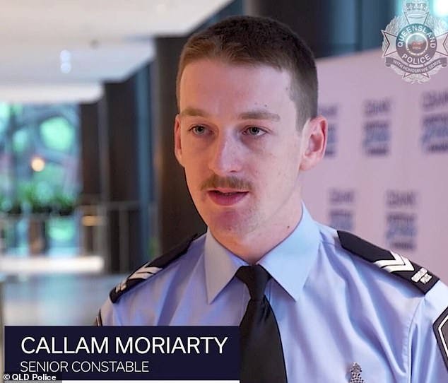 Senior Constable Callam Moriarty (pictured) was rewarded for his bravery on the day, saying he was 'humbled' and just wanted to help