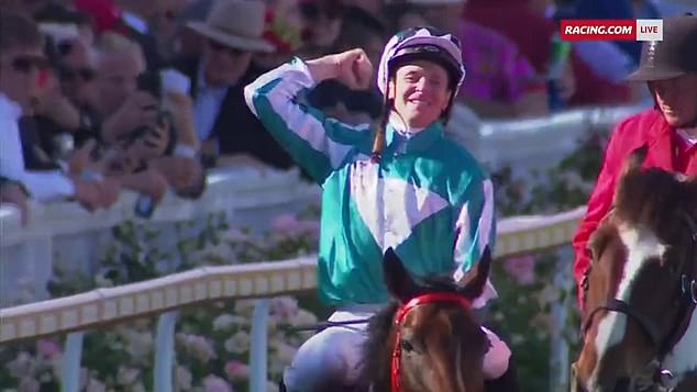 James McDonald celebrates winning his second Cox Plate in a row after a last-second lunge to set up Mr Brightside