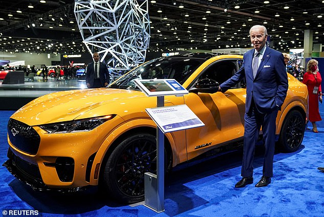 Ford executives said Thursday during the company's earnings call that it would scale back production of the Ford Mach-E.  President Biden is pictured next to a Ford Mustang Mach-E SUV during a visit to the 2022 Detroit Auto Show