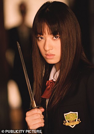 Megan dressed as schoolgirl assassin Gogo Yubari, played by Japanese actress Chiaki Kuriyama (depicted in the 2003 film)