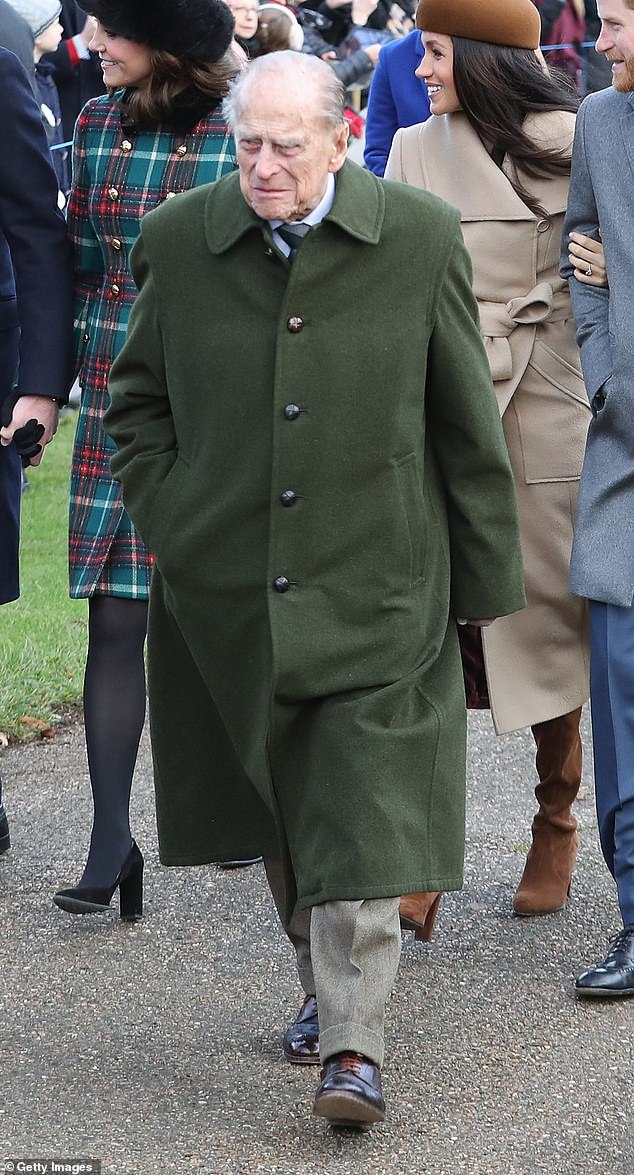 Prince Philip, late Duke of Edinburgh, is pictured wearing fitted trousers while attending church service at the Church of St. Mary Magdalene in December 2017