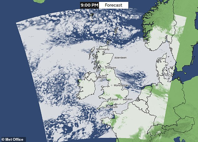 Problematic: Clouds are expected to cover most of the UK this evening, except for some pockets in central parts of England and the southwest.