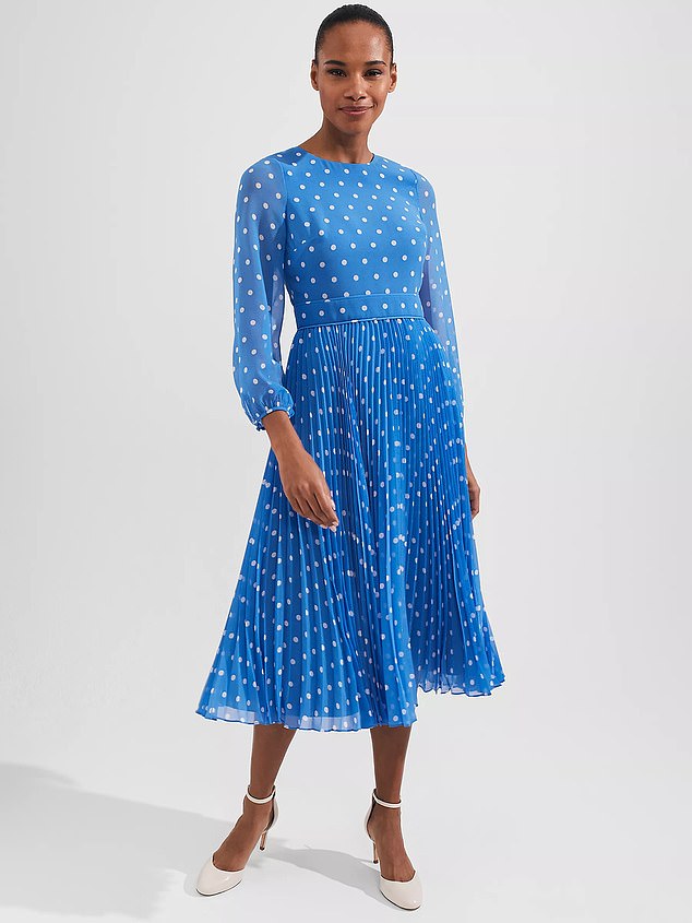 This £109 Hobbs style matches the azure hue and billowing silk sleeves