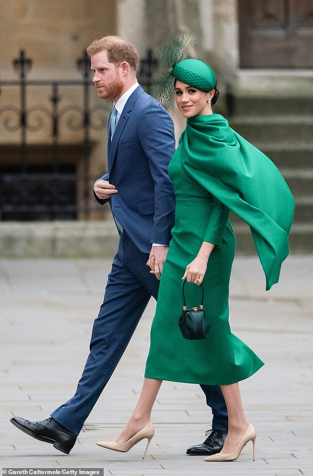 Meghan arrived at the Commonwealth Day service in a striking £1,980 green Emilia Wickstead cape dress in 2020