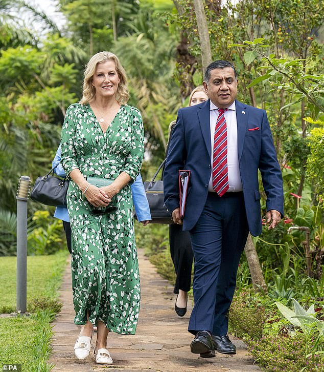 The Duchess of Edinburgh opted for an £895 green tea dress from Suzannah London in Congo last year