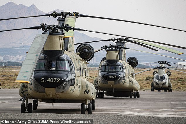 Military helicopters are pictured during a ground forces exercise