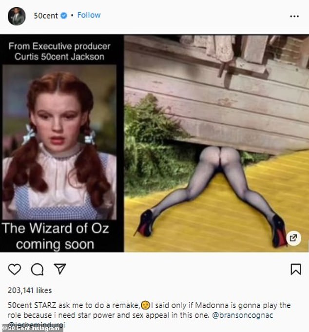 2022: 50 Cent reposted a racy photo of Madonna, comparing her to the Wicked Witch of the East from The Wizard of Oz, photoshopping her legs and backside under a house into a frame from the 1939 classic