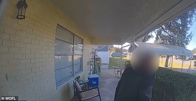 Images show the man opening a door and entering the house