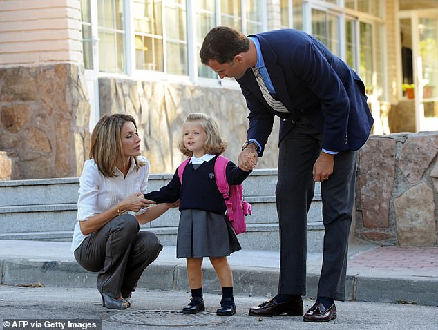 Felipe and Letizia with their daughter on her first day of school in 2008