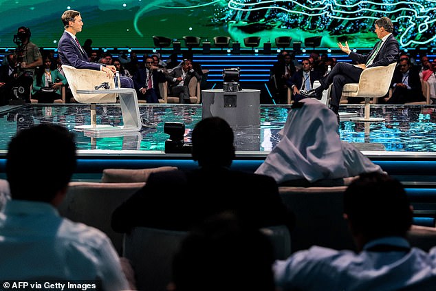 Kushner, Trump's adviser on Israeli issues, returned this week from a trip to Saudi Arabia, where he spoke at a conference in Riyadh on November 25.  Here, Kushner speaks with former Prime Minister of Italy Matteo Renzi during a panel