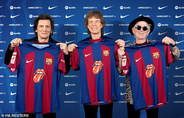 Limited ed: On Saturday, FC Barcelona debuted their limited edition match shirt featuring the iconic band's infamous tongue and lips logo and retailing for an eye-watering $400