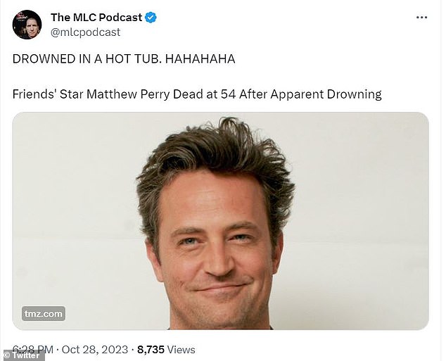 The comedian and former Saturday Night Live writer, 63, tweeted a link to TMZ's coverage of the actor's death on Saturday with the caption: “DROWNED IN A HOT TUB.  HAHAHAHA'