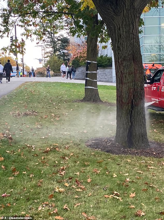 The anti-Semitic messages in red and white, which have now been cleaned by university staff, were reportedly painted in one of the busiest parts of campus for both vehicular and pedestrian traffic