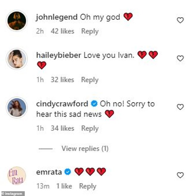 A slew of tributes: A plethora of A-list names like John Legend, Hailey Bieber, Cindy Crawford and Emily Ratajkowski took to the comments section of the post shared on Ivan Bart's official account to share their condolences