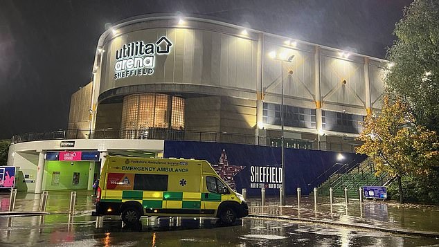 An ambulance outside the Nutita Arena in Sheffield on Saturday evening after the freak accident