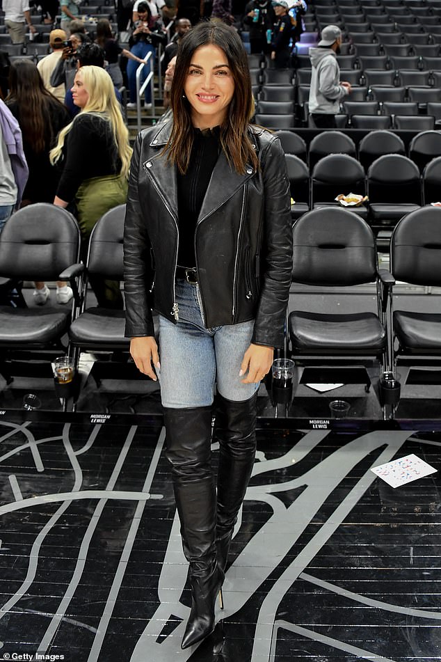 Stunning: Also at the match was actress Jenna Dewan, 42, who cut a stylish figure in sexy PVC heeled boots and a leather jacket