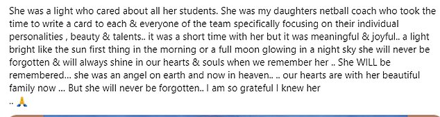 One woman said Lilie was her daughter's netball coach and took the time to write cards for each student (tribute in photo)