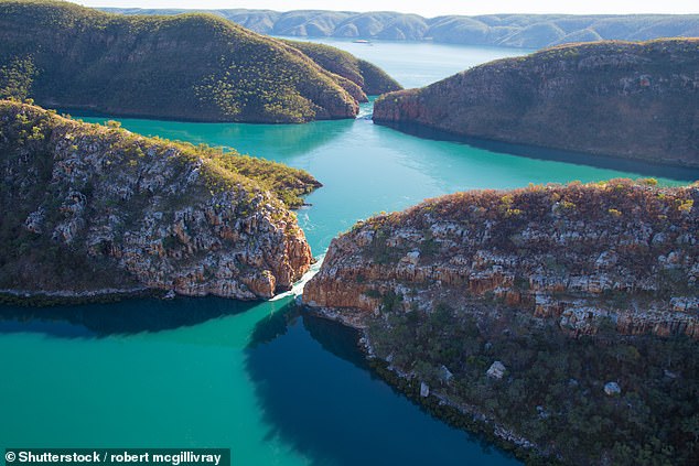 The Horizontal Falls (pictured) are formed when seawater flows quickly through two short, narrow gorges about 300 meters apart