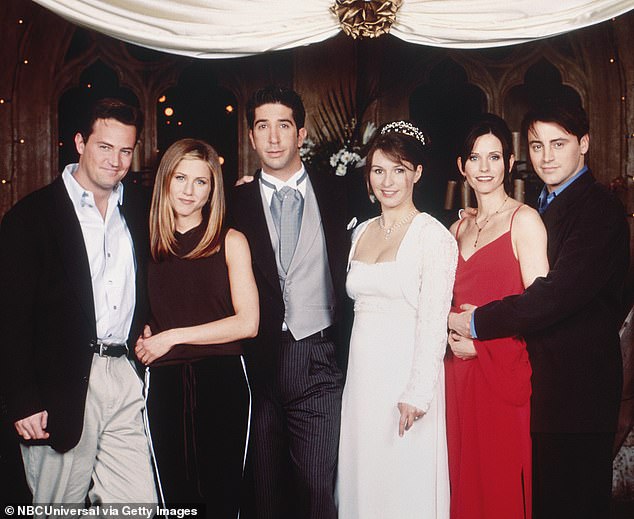 Memories: Baxendale, 53, joined the sitcom in series four (pictured with LR Perry, Jennifer Aniston, David Schwimmer, Courteney Cox and Matt LeBlanc)