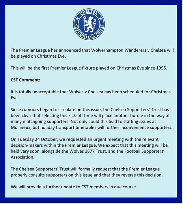 The Chelsea Supporters' Trust have issued a statement calling for their league match against Wolves to be canceled on Christmas Eve