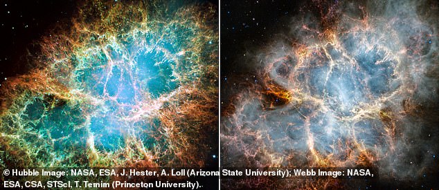 Webb is not the first telescope to capture an image of the Crab Nebula; NASA's famous Hubble Space Telescope did so in 2005 (pictured left).  But since Webb can see in infrared, it provides vision 