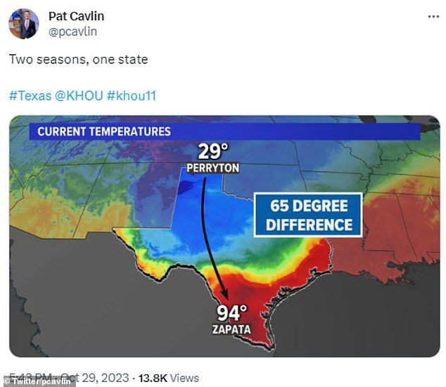 Another product of the cold front is the fact that Texas will be virtually split in half weather-wise, with places like Perryton in the north reaching 19 degrees on Monday, while southern areas like Zapata will remain around 45 degrees.